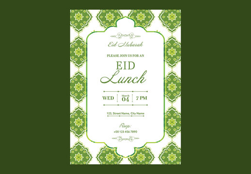 Editable Eid Mubarak Lunch Invitation Template with Festival Venue Details on White and Green Islamic Pattern Background.