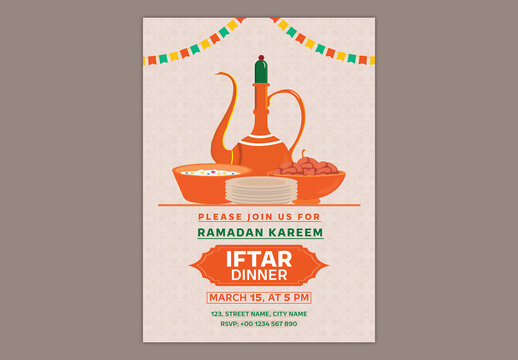 Editable Iftar Dinner Party Invitation Template with Muslim Family Enjoying Meal Illustration on Green Islamic Pattern Background for Breaking the Fast During Ramadan.