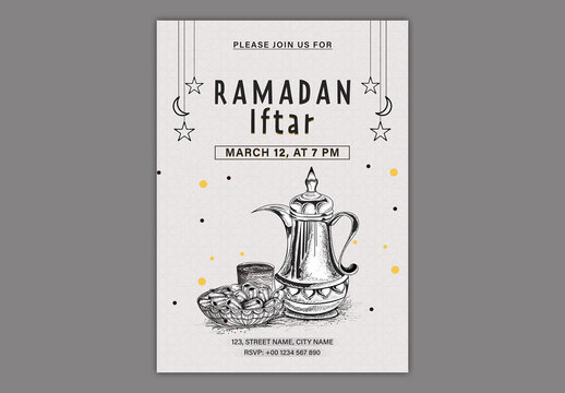 Editable Iftar Party Invitation Template with Illustration of Muslim Family Praying Before Meal at Dining Table on Beige Islamic Pattern Background for Breaking the Fast During Ramadan.