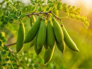 Vibrant green mesquite pods hanging from tree branch in sunlight