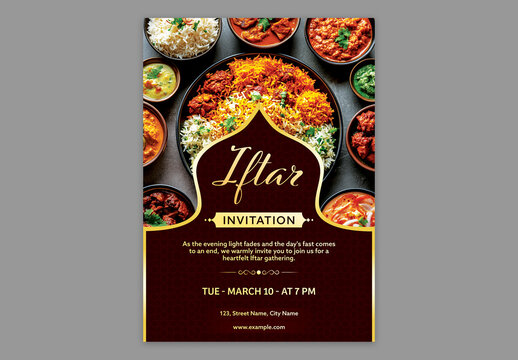 Editable Iftar Party Invitation Template with Traditional Food Photo for Breaking the Fast During Ramadan.