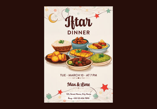 Editable Iftar Dinner Party Invitation Template with Traditional Food Illustrations on White Background for Breaking the Fast During Ramadan.