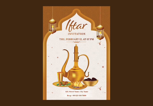 Editable Iftar Party Invitation Template with Delicious Foods, Arabic Jug and Golden Lamps Hang on White and Brown Islamic Pattern Background for Breaking the Fast During Ramadan.