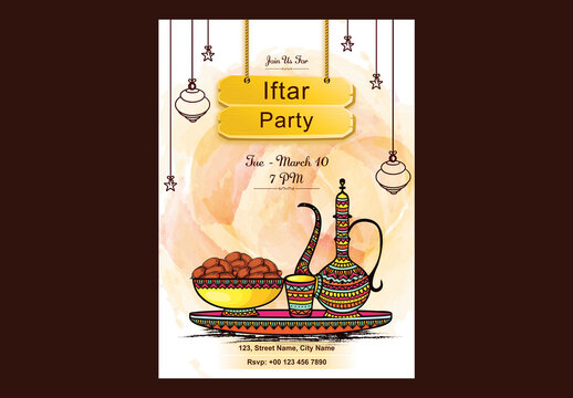Editable Iftar Party Invitation Template with Traditional Dates, Arabic Jug, Drink Glass on Abstract Background for Breaking the Fast During Ramadan.
