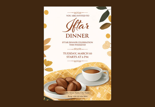 Editable Iftar Dinner Party Invitation Template with Traditional Dates, Coffee Cup on White and Yellow Background for Breaking the Fast During Ramadan.