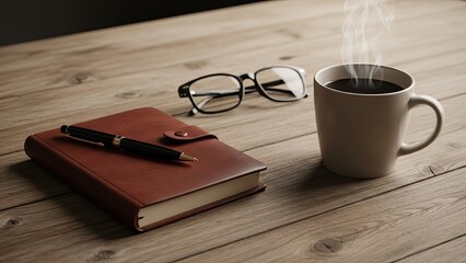 A stylish leather journal with pen and glasses rests on a wooden desk next to a steaming coffee mug.