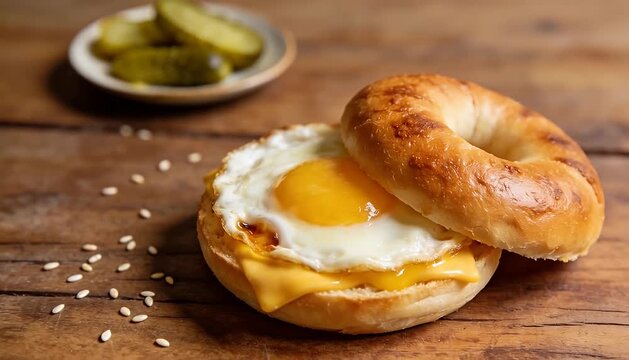 Delicious breakfast sandwich with fried egg and cheese on a bagel served with pickles on a rustic wooden.