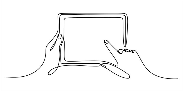 Continuous line drawing of hands holding a tablet and touching the screen Vector, illustration
