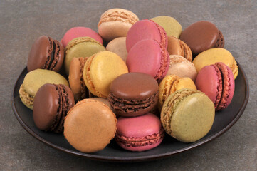 Macarons de diff&eacute;rentes saveurs dans une assiette en gros plan isol&eacute;s sur fond gris