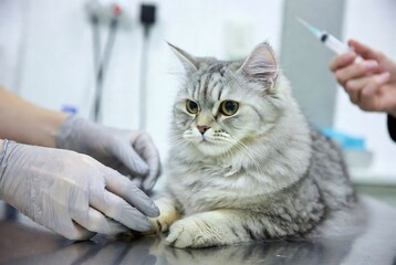 Adorable Gray Fluffy Cat Undergoing Healthcare Examination at Vet Clinic: Animal Welfare and Vaccination