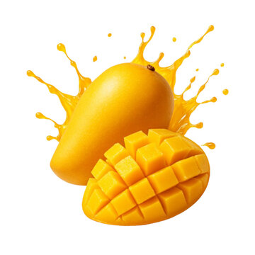 Whole and sliced mango fruit with yellow juice splash
