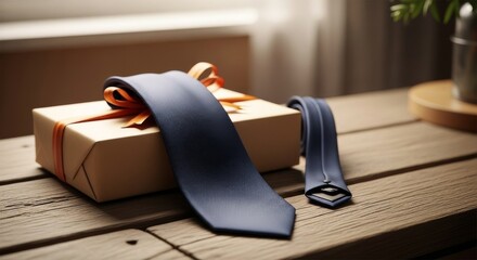 A man's dark blue tie draped over a wrapped gift box with an orange ribbon, on a wooden table.