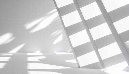 Vertical white slats casting striped shadows on white surface with strong light evoking geometry and minimalist contrast