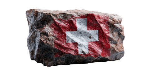 A realistic rendering of a rock with a flag design. The stone has a flag with a white cross