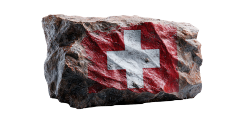 A realistic rendering of a rock with a flag design. The stone has a flag with a white cross