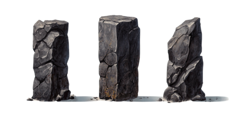 Three digitally painted, textured stone columns of varying shapes and sizes on a neutral, blurred ground