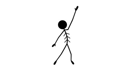 Silhouette Stickman Cartoon Character Reaching Arm Up High, Isolated White Background, Depicting Aspiration, Celebration, or Wanting.