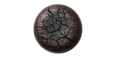 A close-up view of a cracked, dark brown, circular object with visible textural details against black
