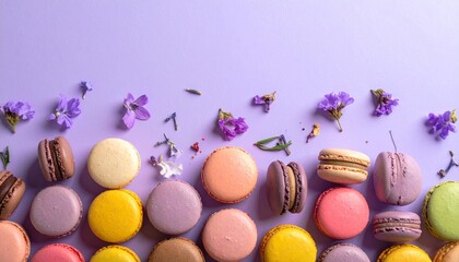Assorted colorful macarons arranged in three neat rows on light purple background evoking flavor and elegance
