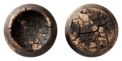 Two circular, wooden forms showcase cracked and charred texture inside a darker wooden frame
