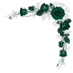 Minimal elegant botanical corner frame featuring roses and baby's breath in deep emerald green isolated on white background.png