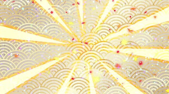 紙吹雪とキラキラ輝くゴールド和柄の集中線アニメーション：お正月向けの背景動画