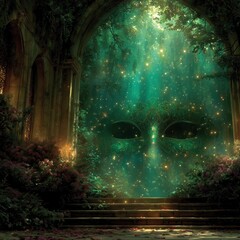 A glowing ornate mask floating in a lush mystical garden, surrounded by golden fireflies and overgrown arches.