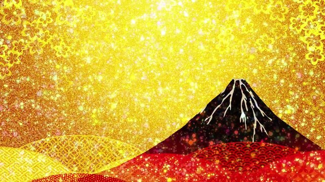 A luxurious background featuring a Japanese-style Mount Fuji and sparkling gold particles