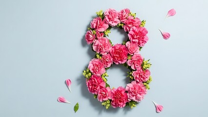 Floral number eight made of pink flowers on a light gray background for celebration