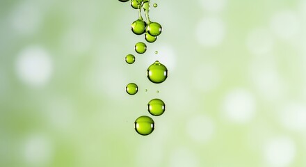 Bright green liquid droplets descend vertically against a soft, blurred background of light green bokeh highlights, suggesting freshness or oil.