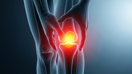 Anatomical illustration of a knee joint with highlighted inflammation or injury