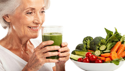 A senior woman holding a glass of fresh green smoothie next to a bowl of assorted raw veggies illustrating nutritious choices that encourage lymph health and a balanced lifestyle