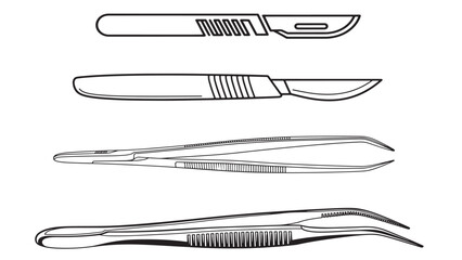 Professional medical surgical scalpels and precision forceps line art vector for healthcare clinical procedures and pharmaceutical laboratory equipment manufacturing branding identity design.