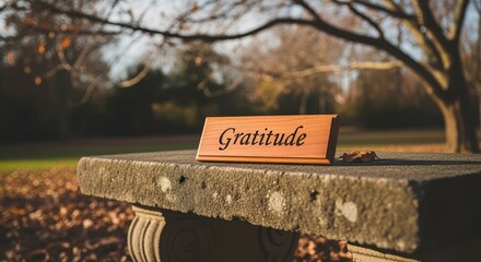 Wooden plaque engraved with the word Gratitude rests on a stone bench in an autumn park setting with soft background.