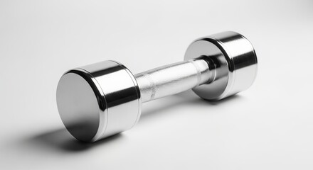 Close-up of a single chrome dumbbell resting on a clean white background, studio shot