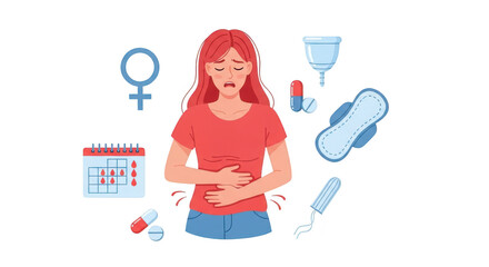 Woman experiencing menstrual pain with various feminine hygiene products around her isolated on transparent background