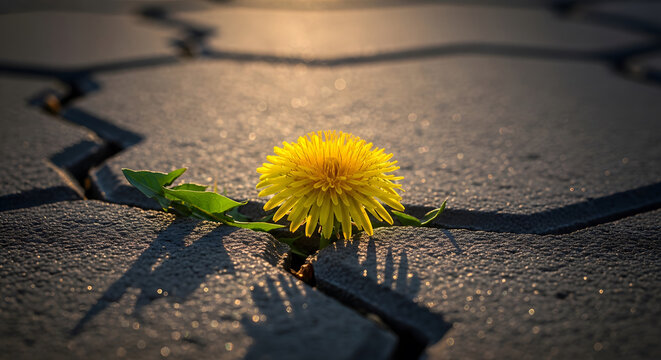Yellow dandelion flower growing through a crack in gray concrete