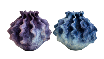 Two ceramic vessels feature ruffled edges, a gradient color scheme, and an organic shape