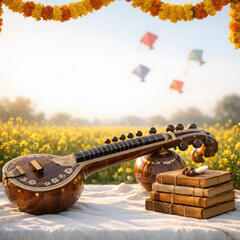 Veena Instrument Stack of Books in Mustard Field with Kites Indian musical instrument