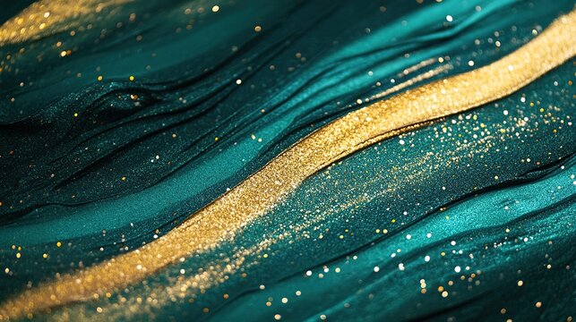 Abstract teal and gold waves with shimmering glitter create a luxurious, artistic texture and dynamic visual effect. - Powered by Adobe