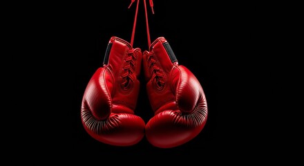 Pair of red leather boxing gloves hanging against a black background.