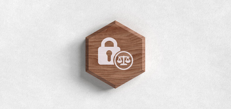 Holz Icon Schloss und Justizwaage f&uuml;r Datenschutz und IT-Sicherheit Header