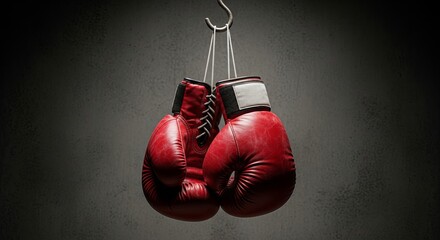 Red boxing gloves hang suspended from a hook against a dark textured background.