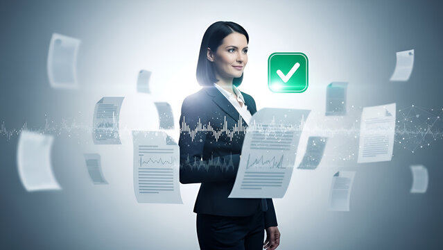 Confident businesswoman manages digital documents with futuristic interface, symbolizing efficient paperless workflow and successful data management in a modern, organized business environment