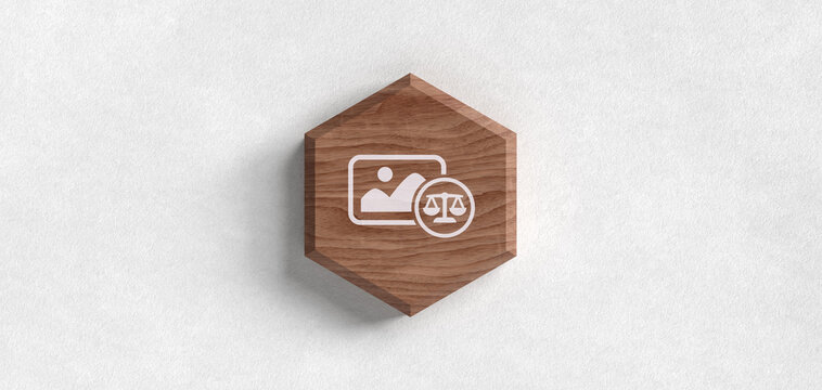 Holz Icon Bild und Justizwaage f&uuml;r Urheberrecht und Lizenzrecht Header