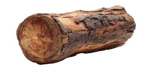 A close-up of a weathered, textured log with visible growth rings and bark detail, isolated on black