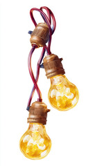 Bright glowing light bulbs watercolor illustration, two golden vintage lamps with red wires on white background, idea and energy concept