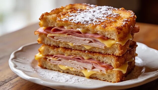 Delicious french toast monte cristo sandwich stack served with powdered sugar, breakfast dish, powdered sugar.
