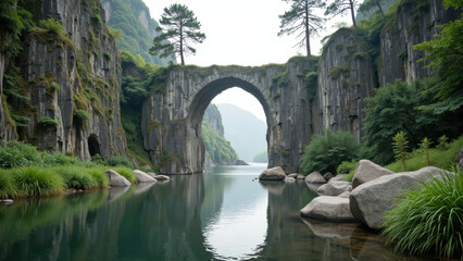 Fototapeta premium Serene landscape featuring natural stone arch over calm river, surrounded by lush greenery and towering cliffs. tranquil water reflects stunning