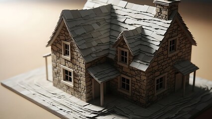 Detailed Miniature Paper Craft Model of a Traditional Stone Country House with Shingle Roof